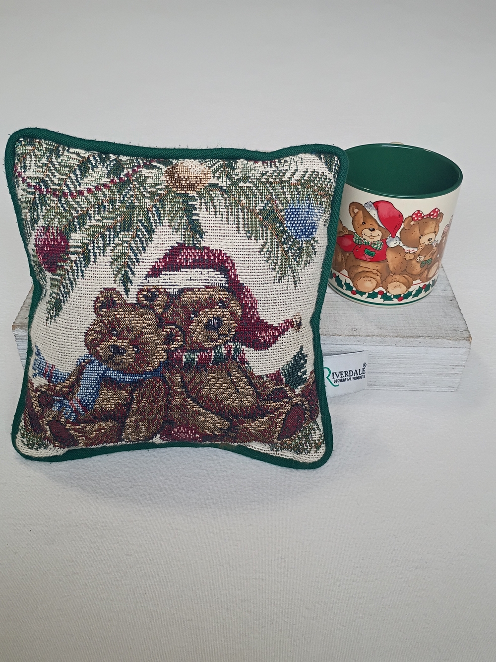 Vintage Christmas Teddy Bear Set Riverdale Tapestry Pillow & Potpourri Press Mug